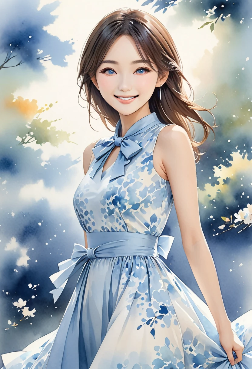 8K,Masterpiece,Top Quality,Dynamic Pose,Long Hair Beauty,Smile: 1.6,Japanese Beauty,Sheer babydoll image with spaghetti strap design. The top has thin straps and a large ribbon detail at the bust. The bust is supported by structured cups and fits snugly against the body. The body is form-fitting and emphasizes a slim silhouette from the waist to the hips. The skirt is short, ending just above the thighs, with a delicate lace hem. The entire babydoll is black, enhancing the classical and seductive impression. The material is floral lace, and the subtle transparency adds elegance,(((Watercolor))))