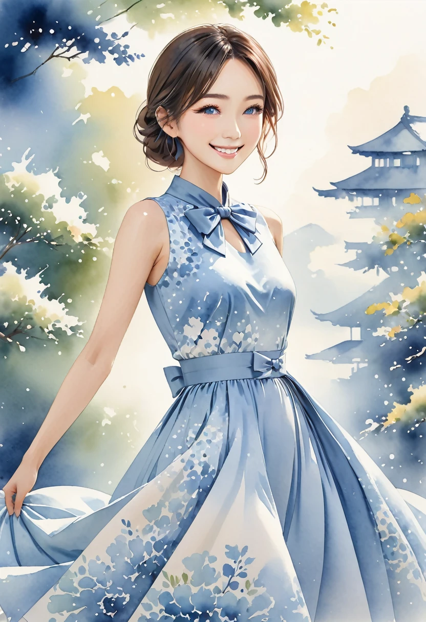 8K,Masterpiece,Top Quality,Dynamic Pose,Beautiful Woman with Long Hair,Smile: 1.6,Japanese Beauty,A sleeveless midi dress with a high neckline and a large bow tied elegantly at the neck. The dress is fitted at the waist, flaring out into a flowing A-line skirt that gracefully reaches mid-calf. The soft light blue color of the dress is calming and sophisticated, enhanced by a delicate watercolor-inspired abstract pattern. This pattern features subtle gradients of light blue and white, creating a refined and elegant look that is both feminine and poised,(((Watercolor)))