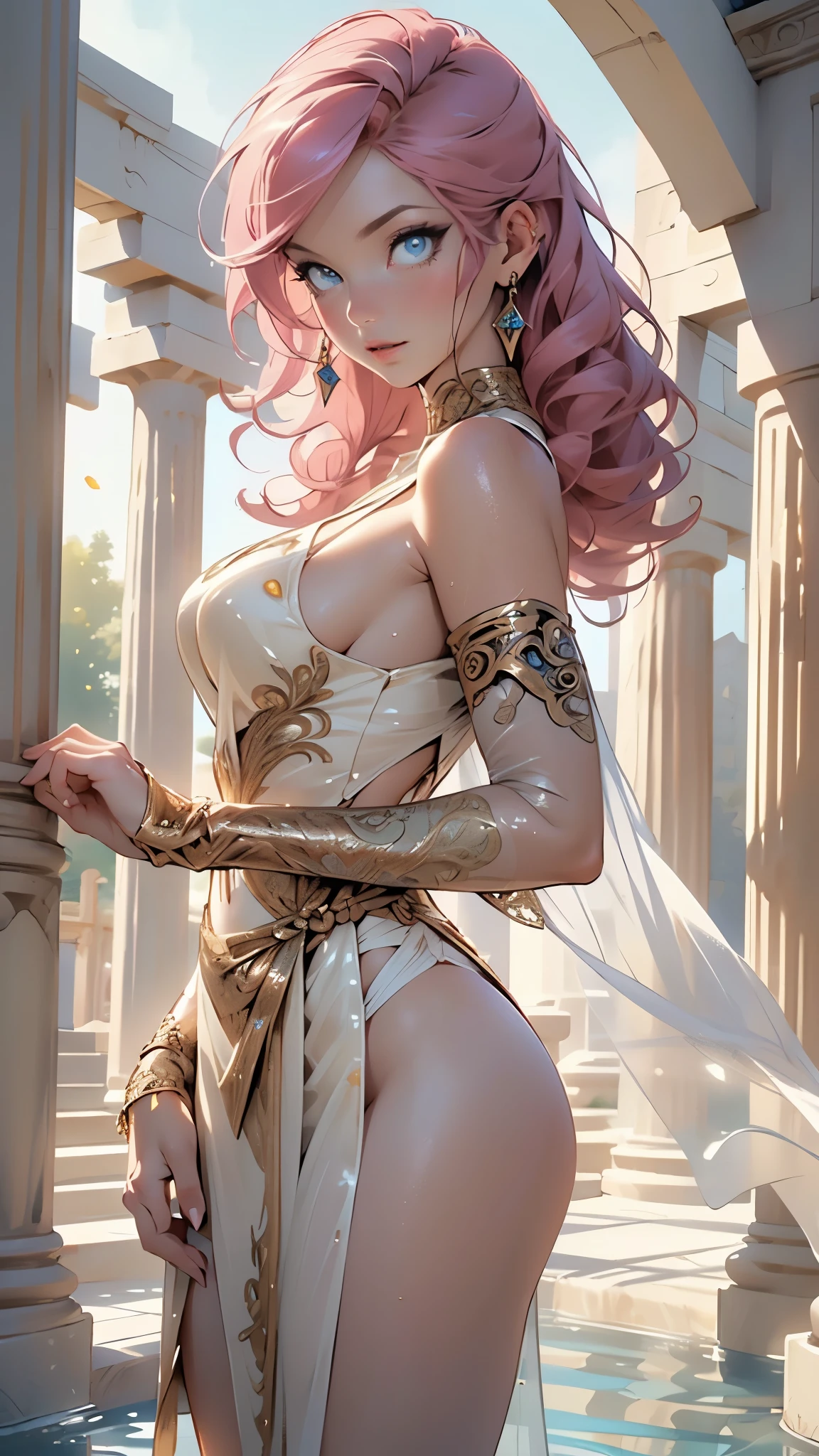 Greek goddess,sexy face,supernatural beauty,((pink hair,long curly vibrant pink hair)),Her figure is extremely voluptuous,gigantic breasts,heavy breasts,fitness hip,

woman,1female,((milf,mom,mature,mature woman,4 female,adult)),

(large breasts:1.5),saggy breasts,colored inner hair,((blue_eyes:1.3)),intricate eyes,beautiful detailed eyes,symmetrical eyes,((((lustrous skin:1.5,bright skin: 1.5,skin tanned,shiny skin,very shiny skin,shiny body,illuminated skin,glossy skin,wet look skin,oily sheen,reflective skin,glistening skin)))),(spider lower abdomen,narrow waist,wide hip,bimbo body,inflated legs,thick thighs),(((detailed face))),

(cute,slutty,sensual,seductive look,seductive,((erotic)),((nsfw))),

(((Greek clothing,greek girl in greek toga,himation,greek dress,tiny loose dress,sheer dress,bare shoulders,bare neck,bare collarbone,thighs,golden greek jewelry,sleeveless,old Greek-style clothing,chiton,strapless))),queen,goddess,fantasy,revealing clothing,show skin,(white clothes),greek style,golden greek bracelets,white silk,((Transparent cloth:1.5)), ((((intricate outfit,intricate clothes)))),golden accessories,

(dynamic pose:1.0),arrogant face,arrogant smile,(centered,scale to fit dimensions,Rule of thirds,cowboy shot),

(((beautiful bath house made of greek marble and pillars, beautiful clear water in pool))),scenery:1.25,(((intricate scenery))),(((greek temple background))),scenery background,

(Glossy greek ornaments),highres,sharp focus,(ultra detailed,extremely detailed),(photorealistic artwork:1.37),(extremely detailed CG unity 8k wallpaper),(((vibrant colors,vibrant theme))),(intricate,dramatic lighting,spotlight,backlighting),(masterpiece),(best quality),artistic photography,(photography taken by sldr),(intricate background),perfect rendered face,perfect face details,realistic face,photo realistic,((intricate detail)),(((realism))),Deep Colours,dark fantasy art,