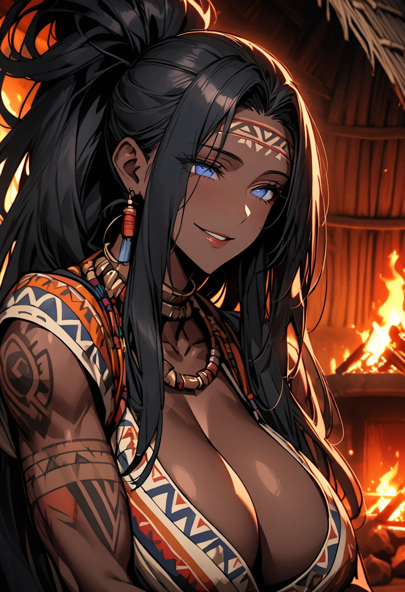 female, very dark skin, black hair, very long straight hair, tied hair, huge breasts, tribal clothes, tribal tattoos, thick thighs:0.4, tired smile, hut, blue eyes, muscular, cleavage, close up, mature woman, wide smile that reaches her eyes, by the fire, dark inside hut, intimate atmosphere