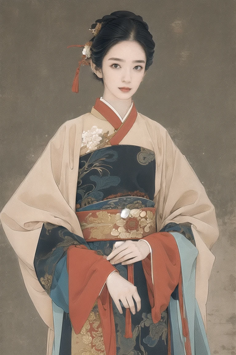 1 girl,origin,Cowboy Shooting,shut up, China dress, A faint smile,, Simple Background,