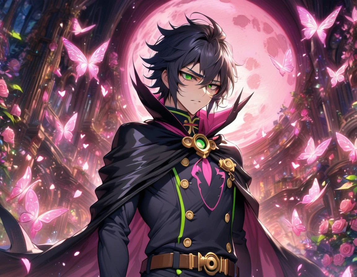 absurdres, highres, ultra detailed, HDR, masterpiece, extremely detailed, detailed eyes, detailed face, Hyakuya Yuuichirou, black hair, expressive green eyes, Owari No Seraph, solo, sexy man, adult face, mature man, handsome, sensual, black clothes, black cape, white gloves, long sleeves, brown belt, pink roses, pink petals, fantasy, magical, pink moon, pink glittering butterflies, pink round lights