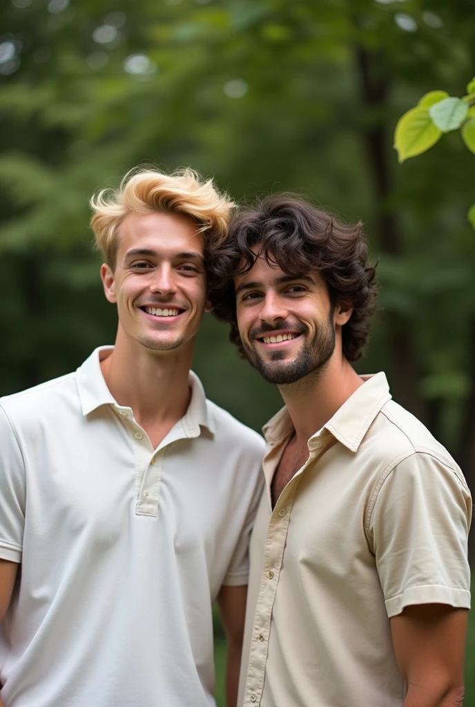 Two young men are pictured.One has blonde hair and the other has dark, curly hair.The two are standing close together and appear to be close friends.They are both wearing light casual clothing, shirts and pants.Lush green trees can be seen in the background, indicating that the photo was taken outdoors in a natural environment.The light clearly shows the shadows of the two people, giving the photo an atmospheric feel.The overall color palette is subdued, and the expressions on the couple's faces are calm and relaxed.