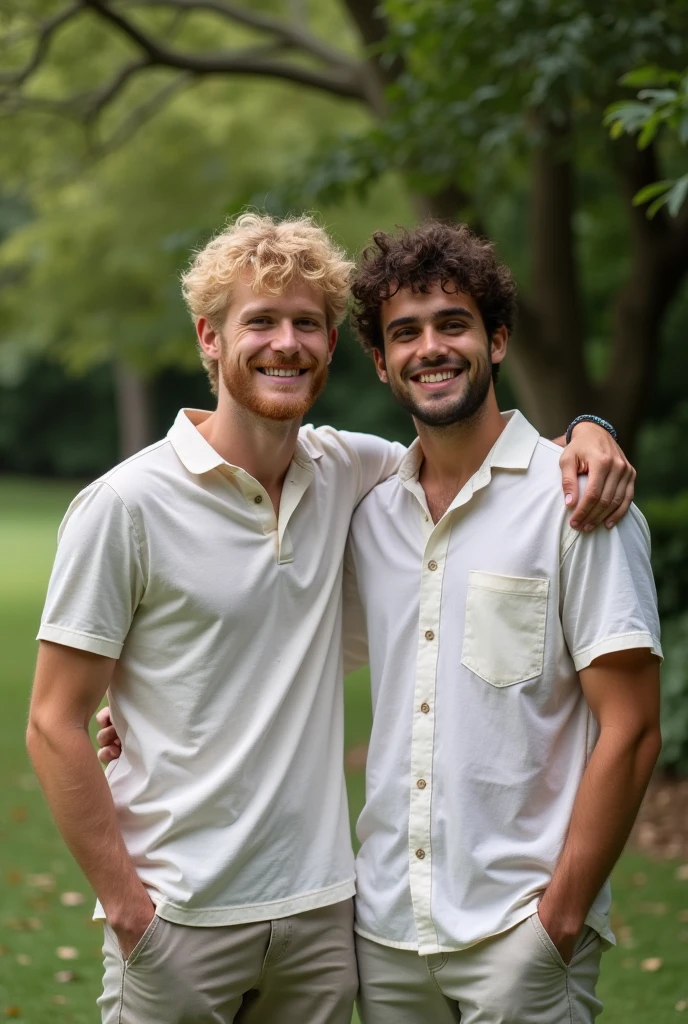 Two young men are pictured.One has blonde hair and the other has dark, curly hair.The two are standing close together and appear to be close friends.They are both wearing light casual clothing, shirts and pants.Lush green trees can be seen in the background, indicating that the photo was taken outdoors in a natural environment.The light clearly shows the shadows of the two people, giving the photo an atmospheric feel.The overall color palette is subdued, and the expressions on the couple's faces are calm and relaxed.