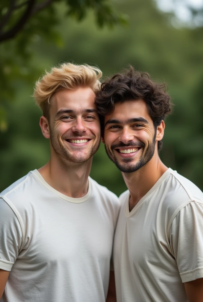 Two young men are pictured.One has blonde hair and the other has dark, curly hair.The two are standing close together and appear to be close friends.They are both wearing light casual clothing, shirts and pants.Lush green trees can be seen in the background, indicating that the photo was taken outdoors in a natural environment.The light clearly shows the shadows of the two people, giving the photo an atmospheric feel.The overall color palette is subdued, and the expressions on the couple's faces are calm and relaxed.