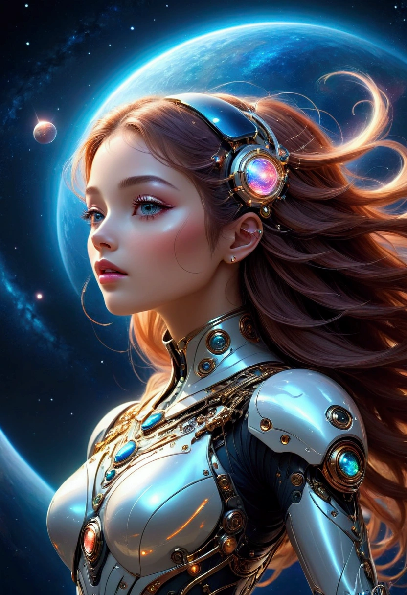 photorealistic image of AI girl in exosuit as supermodel embedded with a mecha_jet soaring to the sky leaving light trail behind her, full body, steady flying stance, intricate detailed, front view, looking forward, low angle shot, karol bak uhd, beautiful digital artwork, girl in a cosmic dress and high heels, 8k highly detailed digital art, digital art fantasy, digital art fantasy art, gorgeous digital art, digital fantasy art ), detailed fantasy digital art, digital fantasy art, beautiful sci fi art, cyborg goddess in cosmos, vibrant luminescent epic surreal scenery, closed mouth, depth of field, eyelashes, , glowing, jewelry, light particles, lips, nose, planet, profile, realistic, long flowing hair, solo, space, full body,