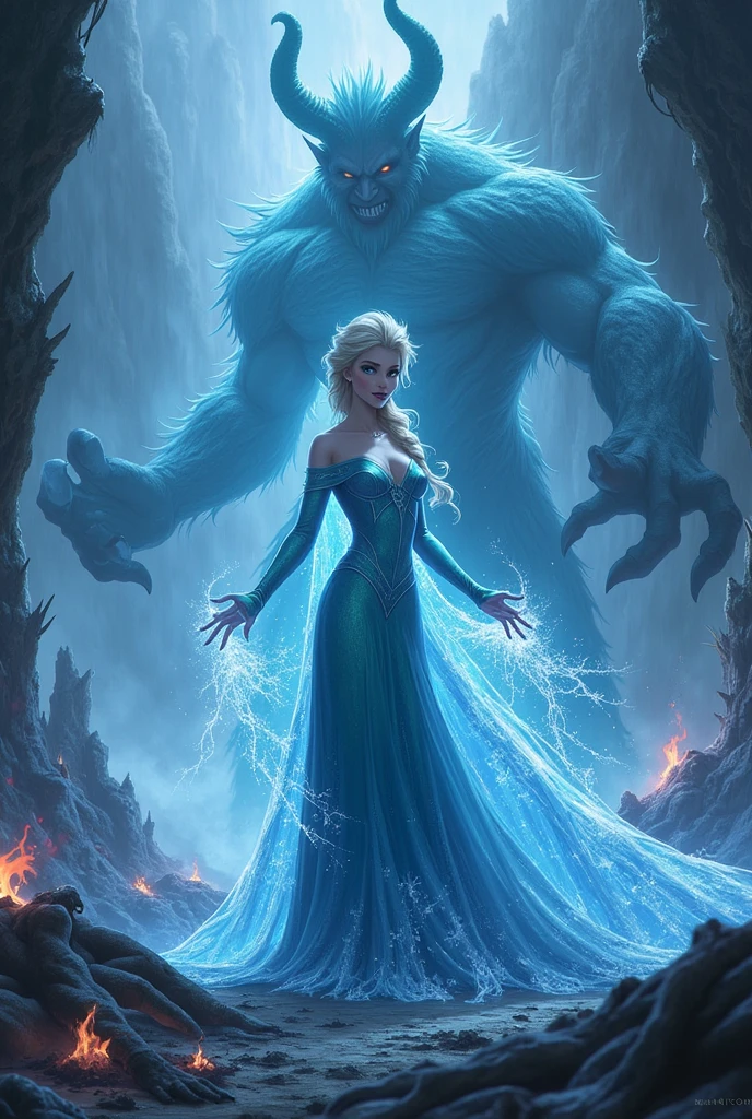 Evil, desirable, seductive Elsa. Using her ice powers to skewer villagers trying to save their home. A sinister smirk crosses her lips as she delights in the wholesale destruction. Surrounded by vicious, large, intimidating ice minions. Overwhelming power emanating from Elsa. Death and destruction all over.