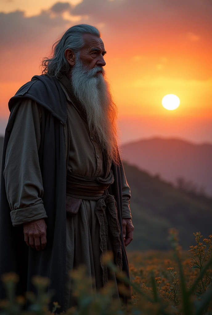 The old man with a long beard stands alone in nature watching the sunset