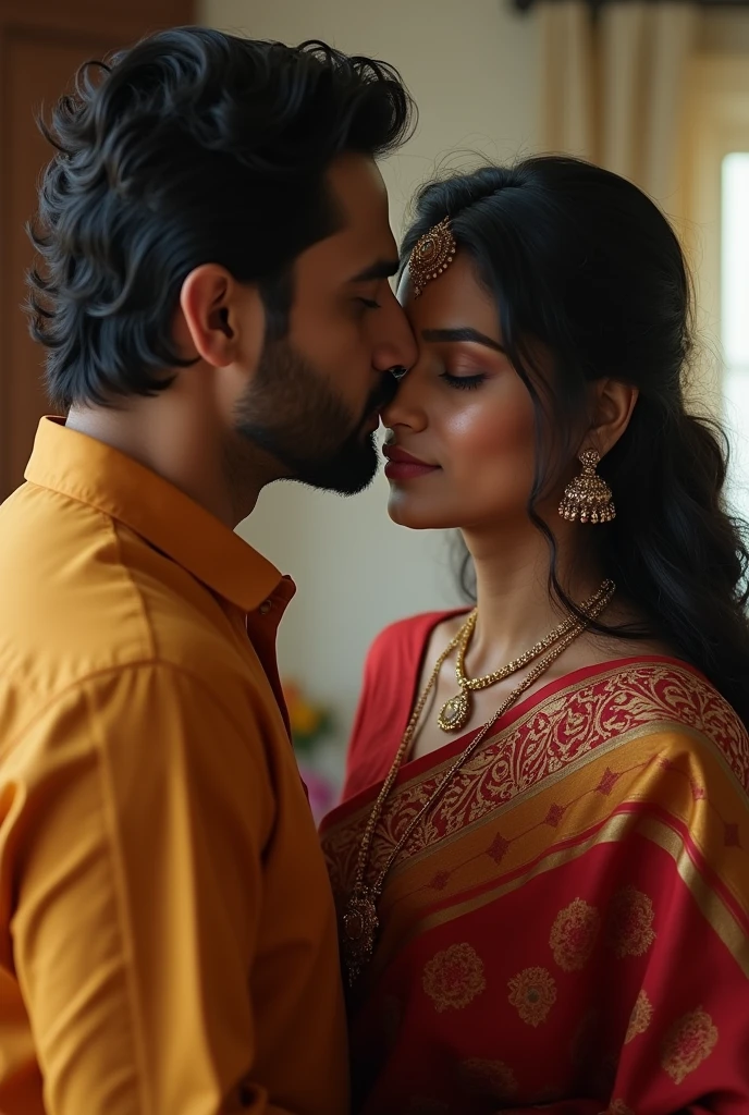beautiful and independent woman, dressed in a traditional saree. her housband kissing her forhead