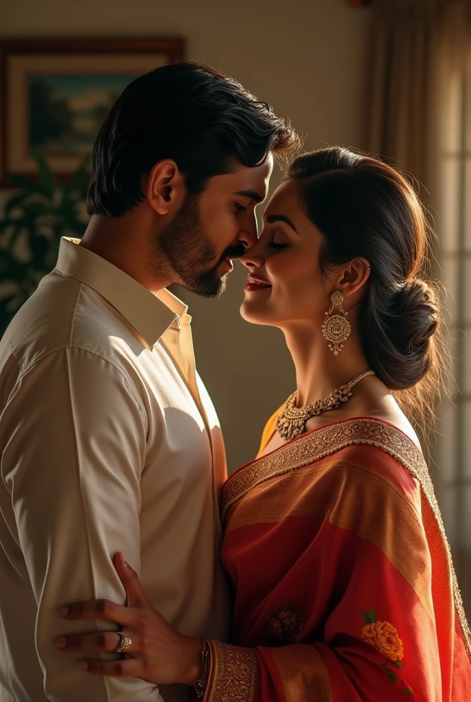 beautiful and independent woman, dressed in a traditional saree. her housband kissing her forhead