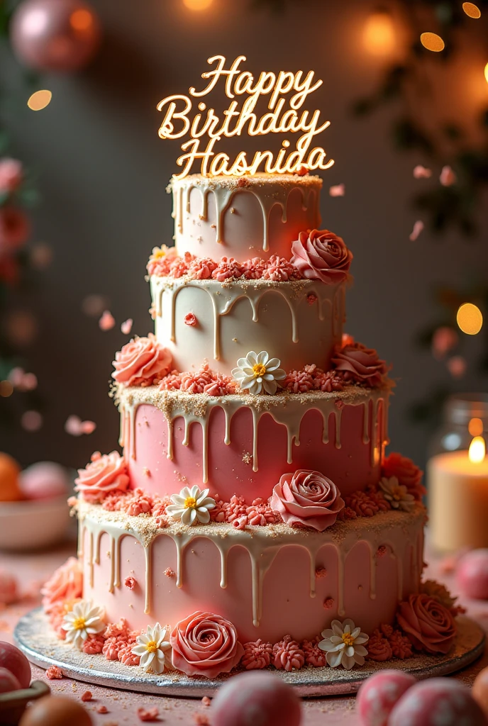 A stunning birthday cake with a caption "Happy Birthday Hasnida"