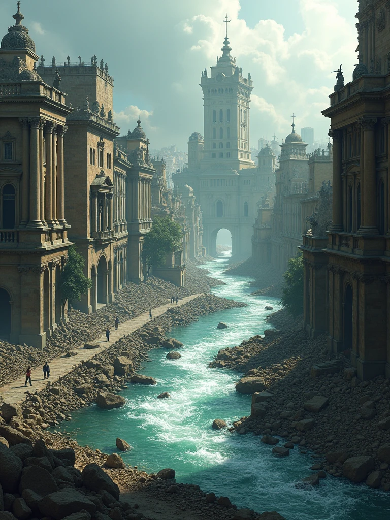 Old City, destruction of the city, rios, realistic illustration