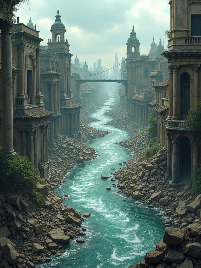 Old City, destruction of the city, rios, realistic illustration