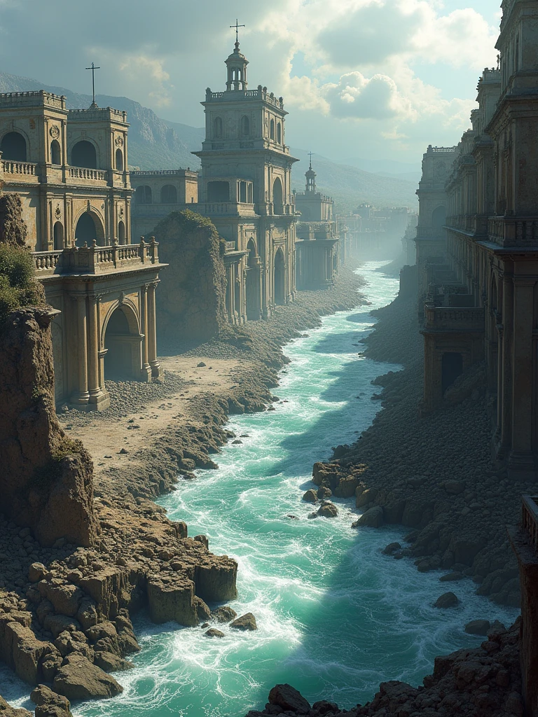 Old City, destruction of the city, rios, realistic illustration