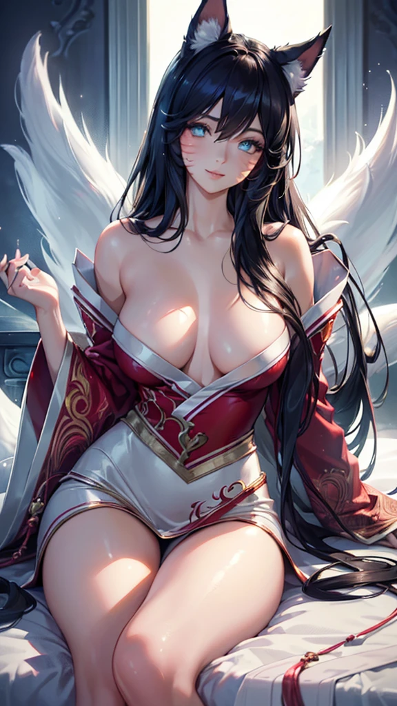 (best quality,ultra-detailed,realistic:1.37),Ahri,spa,luxurious,relaxing atmosphere,beautiful detailed eyes,beautiful detailed lips,smiling,bathrobe,sitting upright,black hair,nine white tails,peaceful background,portraits,vivid colors,soft lighting,tranquil ambiance, bare breasts