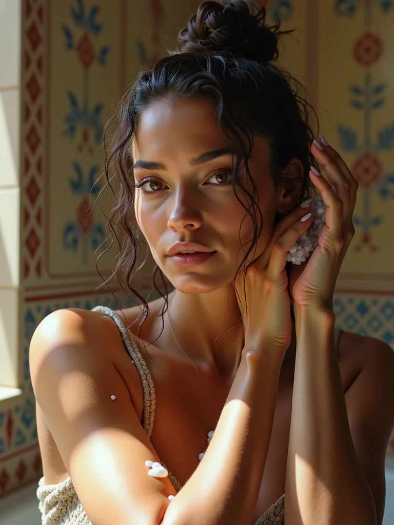 Close-up of beautiful indigenous woman washing her hair with shampoo, in a bathroom, decor, Ultra realistic image, Perfect quality, super detailed skin, Old City