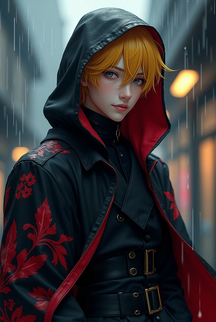 Anime male with yellow hair and a black military uniform and a hooded raincoat with red patterns