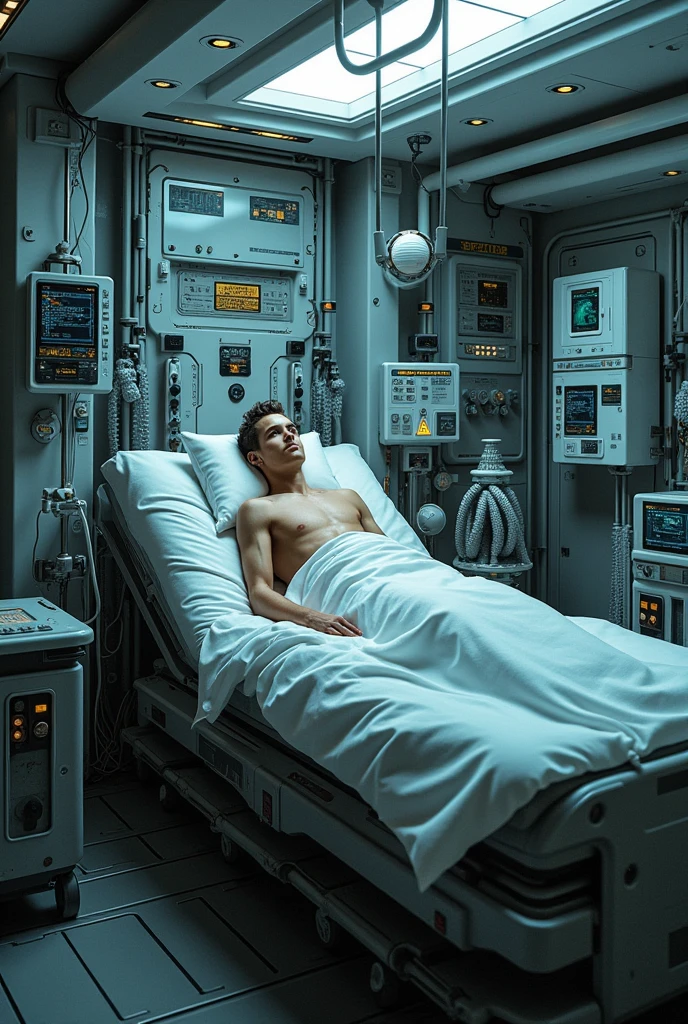 Creates an image of a person in a room full of machines that keep him alive.