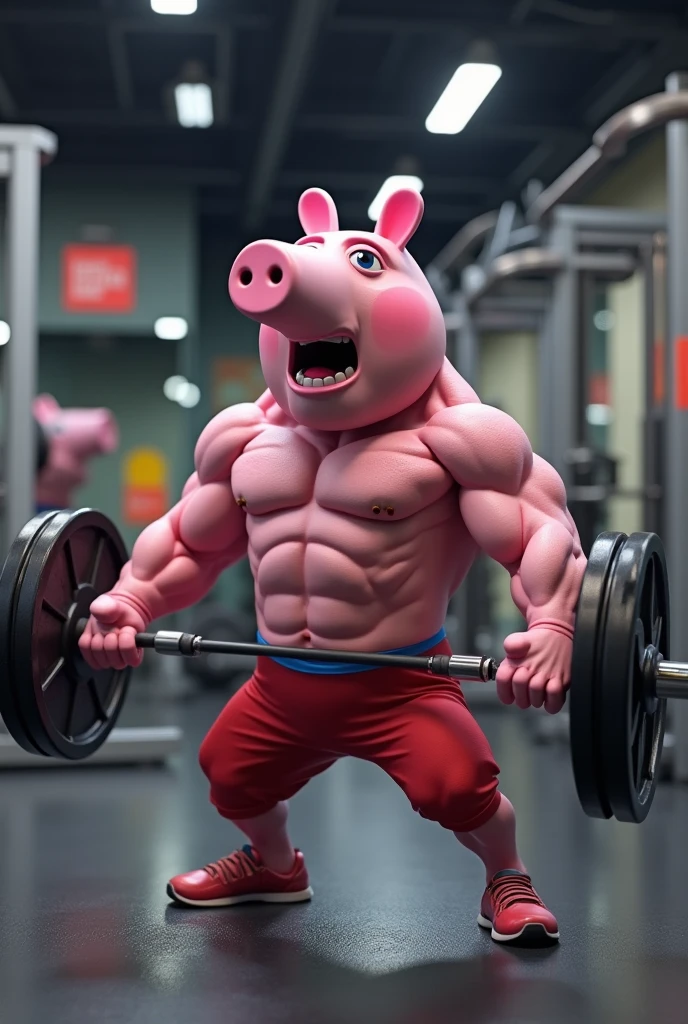 peppa pig full of muscles doing exercises at the gym