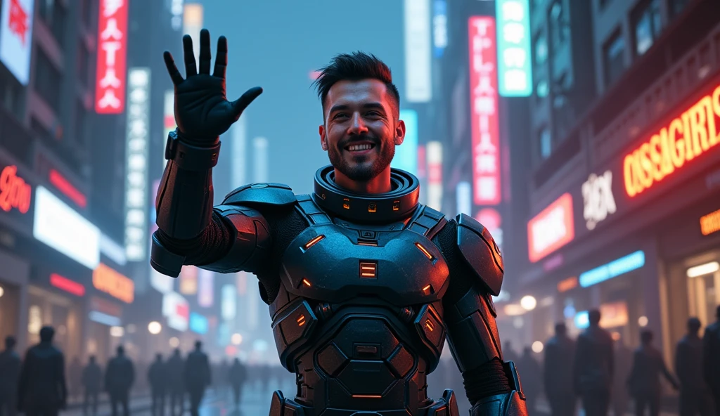 Keep the armor futuristic technology. You do NOT have to wear a helmet. I want it to be seen that he is a human person maintaining the futuristic work. Place it in a city with RTX neon highlights. The character must be facing forward with his hand waving, smiling. Make the image lighter and the background darker.