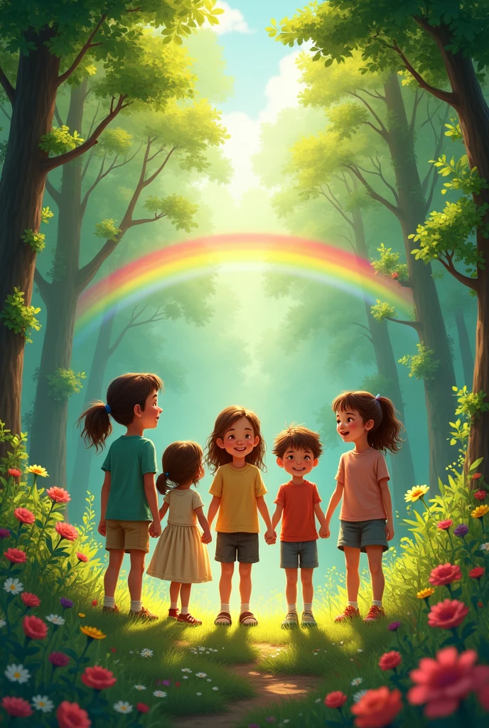 Children from different backgrounds, holding hands, surrounded by a vibrant forest, with a rainbow in the sky.