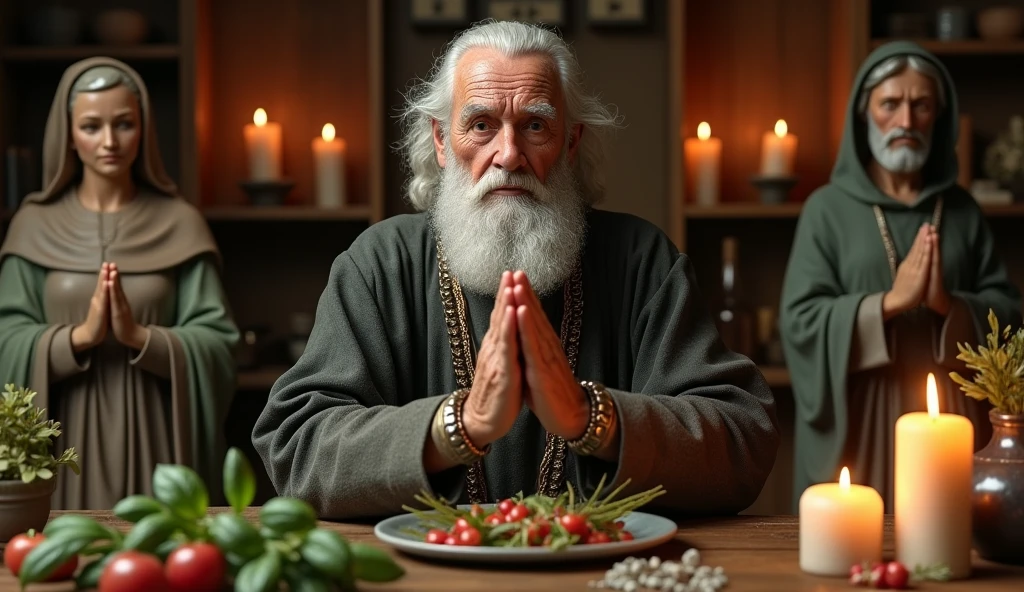 Create an ultra-realistic image of a traditional ALEMAO, GERMANICO male healer, around 70 years old, dressed in refined, elegant clothing. He is performing a traditional benzimento ritual, holding a bundle of herbs like rue and basil in his hands. His expression is serene and focused as he conducts the ritual. In the background, include candles, aromatic herbs, and various saint statues, all contributing to an atmosphere of energy and blessing. MAOS EM POSICAO DE BENÇÃO, EM POSICAO DE PASSE OLHANDO PRA FRENTE, COM PALMA PRA FRENTE