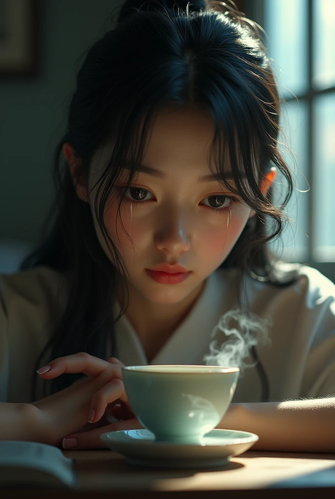 A 18yo Chinese girl crying in tea cup