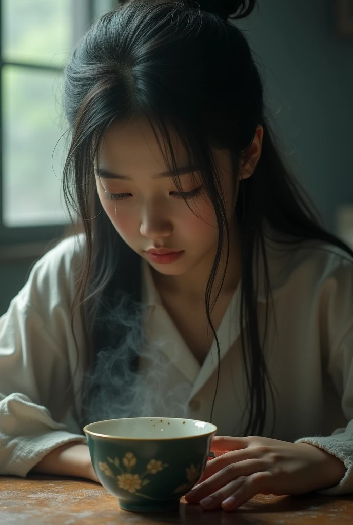A 18yo Chinese girl crying in tea cup