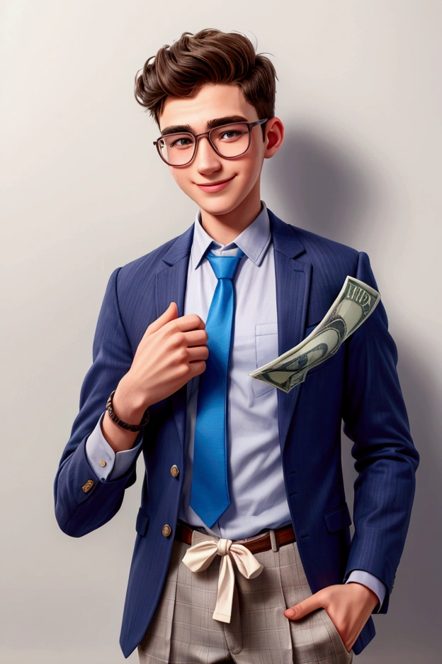((young man holding money in hand)), dollar, With glasses on his face, (traditional shirt, with tie), cerulean, very happy. (Tie tucked in.)