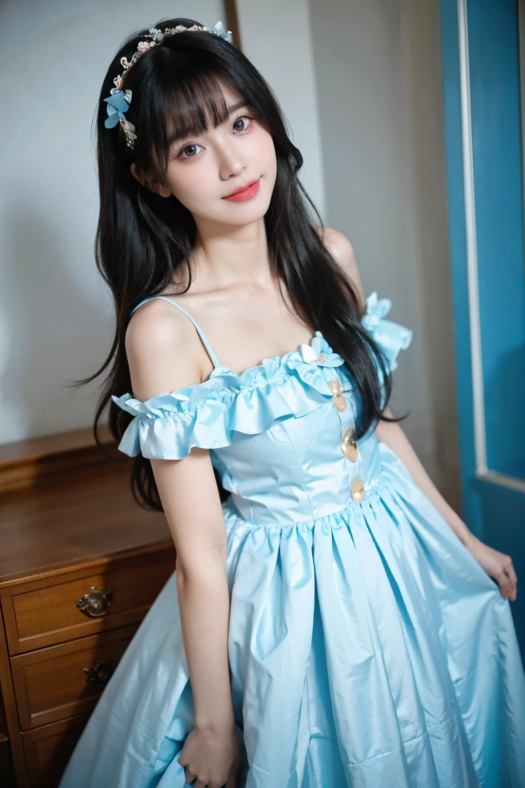 best quality, ultra high res, long black hair, tan skin, happy, smiling, looking at camera, light blue dress, ta dress, hair down, dark eyes, super cute face, big eyes, light agyosal makeup,