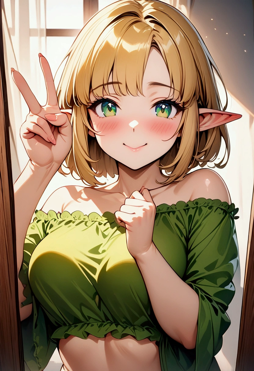 1girl, solo, super fine illustration, an extremely delicate and beautiful, best quality, masterpiece, 8K, Princess Zelda\(The Legend of Zelda series\), vibrant short blonde hair, bob cut, emerald green eyes, elf ears, voluptuous, well-proportioned figure, anatomically perfect, detailed beautiful face, cheerful expression, radiant smile, blushing cheeks, peace sign, off-shoulder wide-open blouse, taking selfie, mirror selfie, bedroom setting, cork board visible, miraculous shot, cinematic angle, official art style, daring composition, sensual image, perfect AI-assisted, world-class artwork, upper body focus, light entering from window, soft lighting