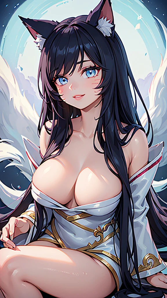 (best quality,ultra-detailed,realistic:1.37),Ahri,spa,luxurious,relaxing atmosphere,beautiful detailed eyes,beautiful detailed lips,smiling,bathrobe,sitting upright,black hair,nine white tails,peaceful background,portraits,vivid colors,soft lighting,tranquil ambiance, bare breasts