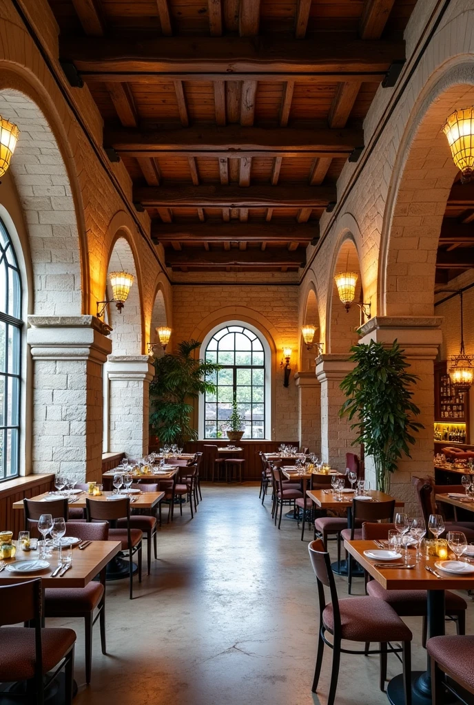 Make me a restaurant plan that includes stone arches, High ceilings with exposed wood beams and exposed brick walls. Let it come out complete inside