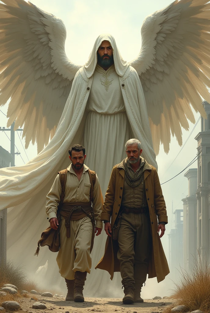 two men walking with a large angel behind them wearing an overcoat