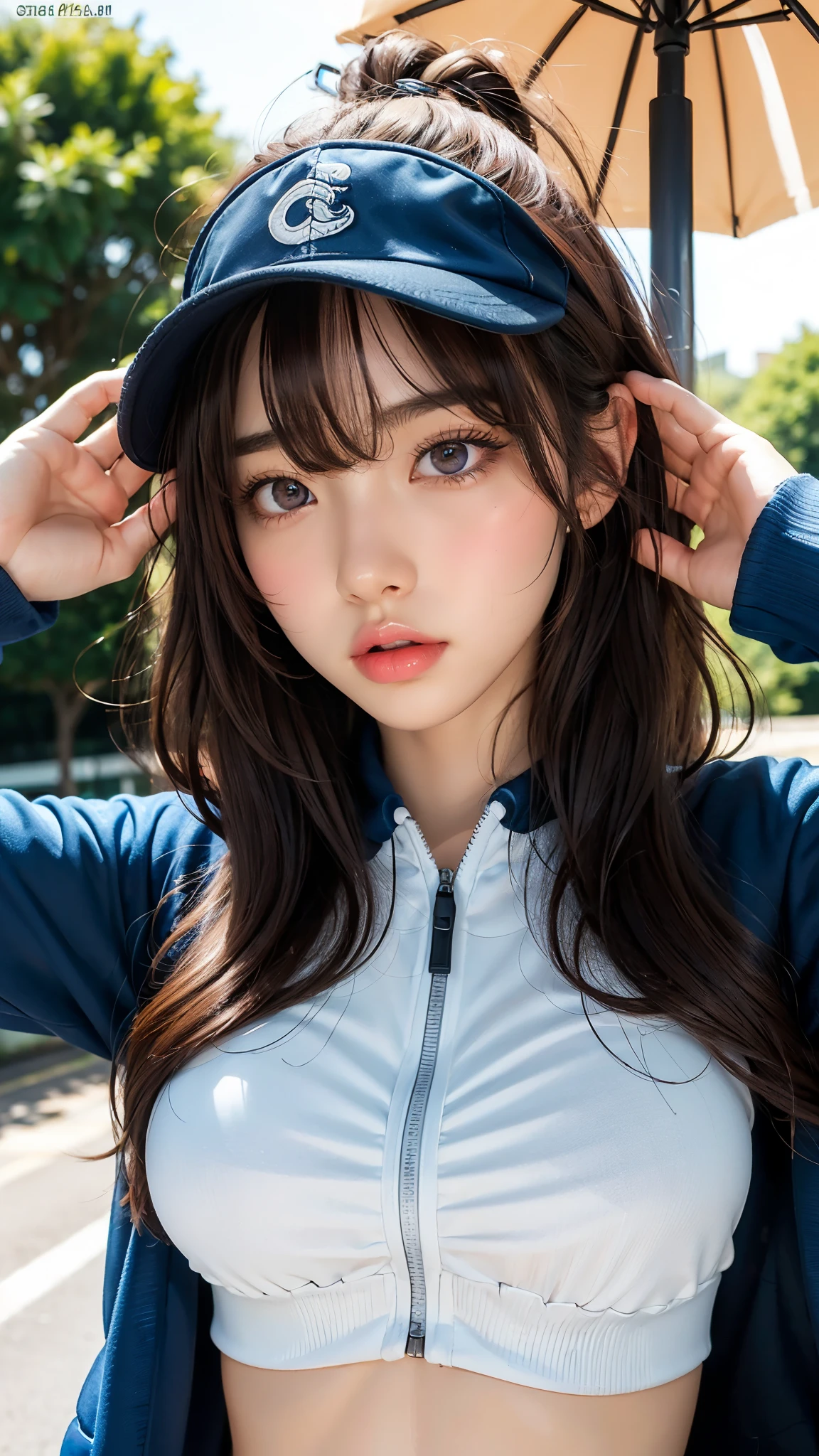 masterpiece, Highest quality, Pixiv, Cool girl, The best sports girl, Popular characters, Street Cap, Cute training wear,belly button, Dark brown hair, Curly Hair, Blunt bangs, Straight bangs, Colored contact lenses eyes, Gal, Improve、Heavy Large 、