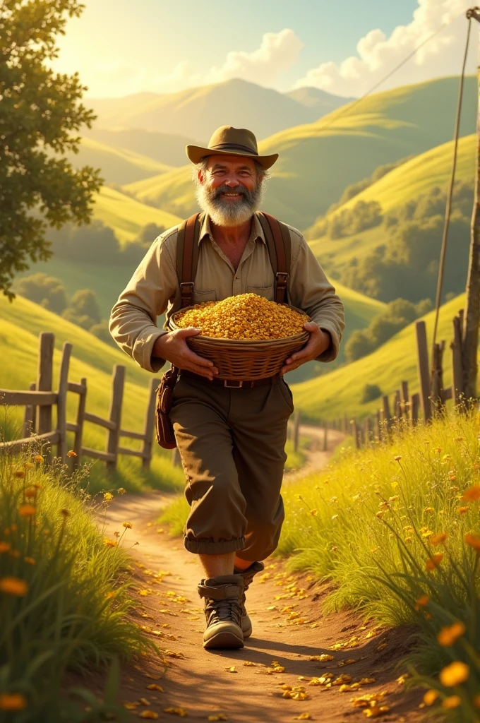 The farmer gathers the gold and returns home joyfully.