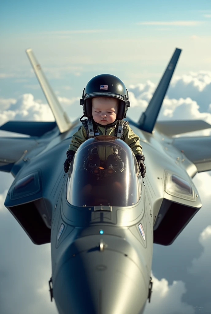 Newborn wearing a fighter pilot suit flying an F-35 aircraft. Picture from above, real as in real life.