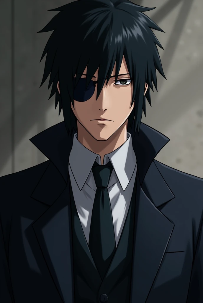  Sasuke Uchiha, A 30-year-old man with black hair and eyes wearing a dark smart suit and an eye patch
