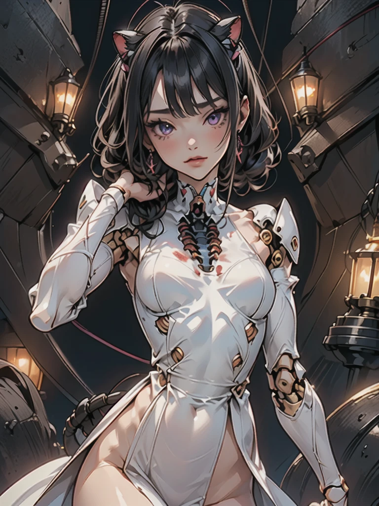 junkotvv, (((masterpiece)))), (((the highest quality)))), ((Ultra Definition)), (Very detailed photoreality), ((very delicate and beautiful)), (Delicate and pretty face), cinematic light, (((1 girl)), only, Whole body, big, The neckline is visible on the skin, cana, purple eyes, bright Eyes, Thighs exposed skin, (mechanical joints: 1.4), (mechanical limbs)), ( Blood Vessels Attached to Tubes), (((Machine vertebrae attached to the back)), ((Cervical vertebrae of machines) attached to the neck)), (((Session)), expressionless, (Wires and cables attached to the head and body: 1.5), (Character focus), Small LED lamps on the body., evangelion, sf, metal, metal body, detailed neon, hydraulic cylinder