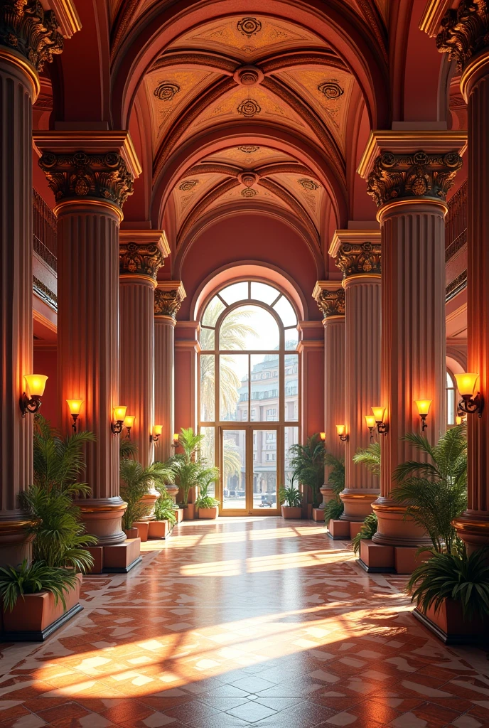 Interior of a Romanesque style hotel lobby, with rounded arches, use of bold colors and ornate pillars