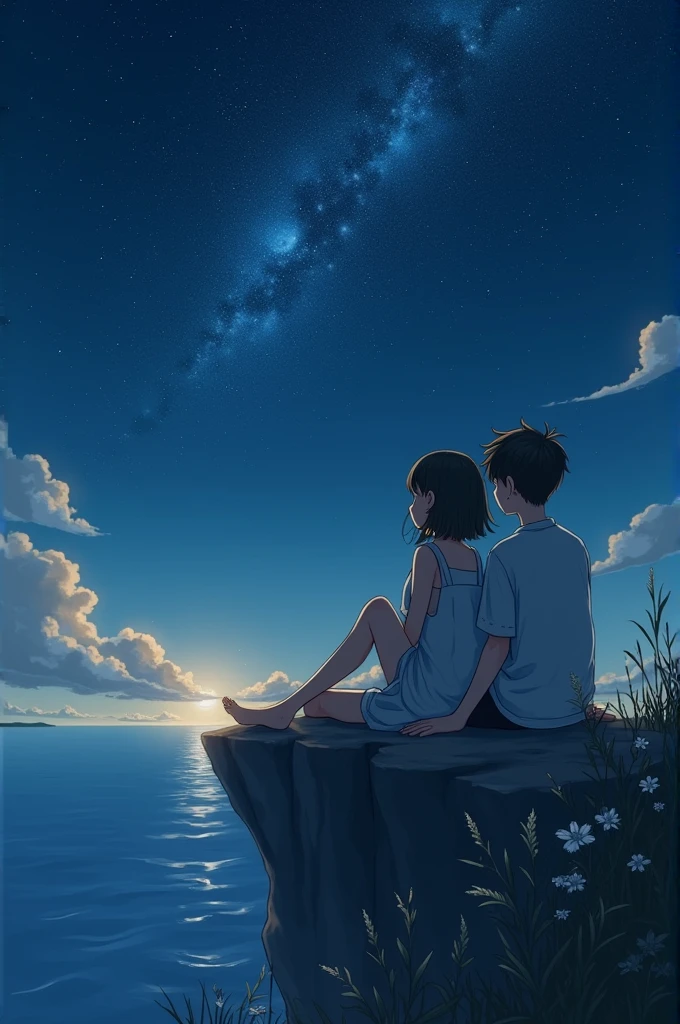 A girl and a boy sitting on a cliff on a starry night