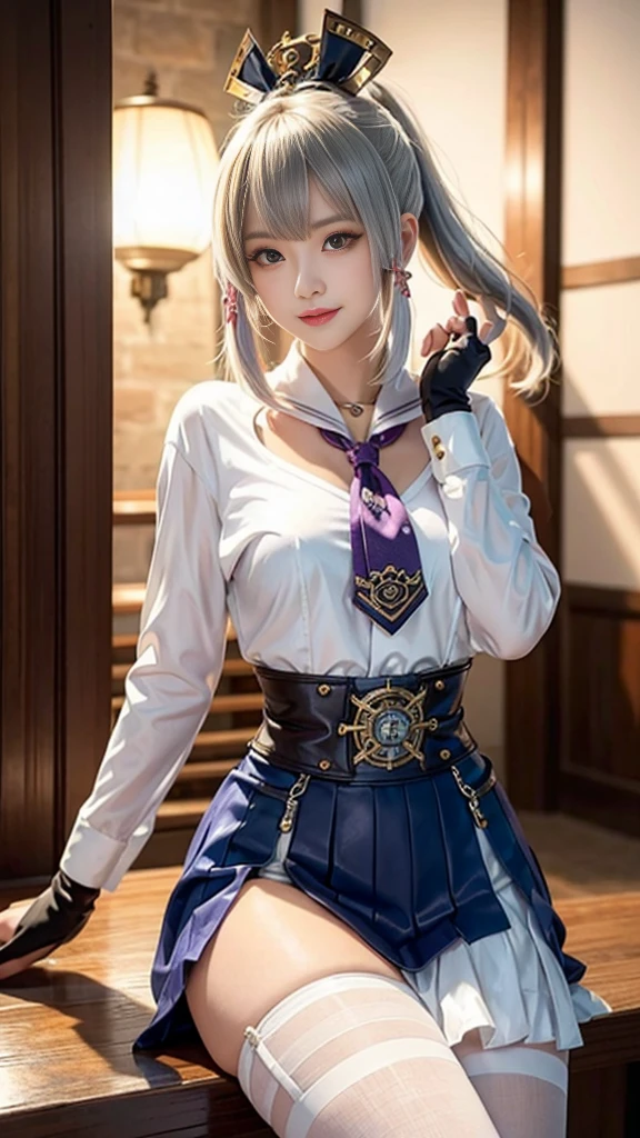 woman portrait、best quality、Random Angle、8K, Clear, Delicate skin、Clear, beautiful eyes、The beauty of a smile、明亮beauty的脸庞、whole body、curls、My hair was messed up by the wind、(Attractive muscle、High target),(fashionable_Predominant, fashionable Predominant), beauty,( Looking at the audience),Practical, high resolution, Soft Light,1 female, one person,Blonde Hair,Ponytail,Bangs,Delicate skin, Naughty look,((steampunk armor、Houndstooth)),Steampunk girl、An outfit adorned with lots of gear and watches,(Silver purple stripes,Lead sailor style armor)、beauty的蒸汽朋克公会职员服装银行家,(Silver purple machinery, High-tech mech,bead,Elbow gloves,gem,White dress shirt,Jeweled Short Tie,Steampunk body stockings,High Legs)、((Put your hands behind your back)),(Bokeh),(Studio Lighting),Black leather skirt,Garter,