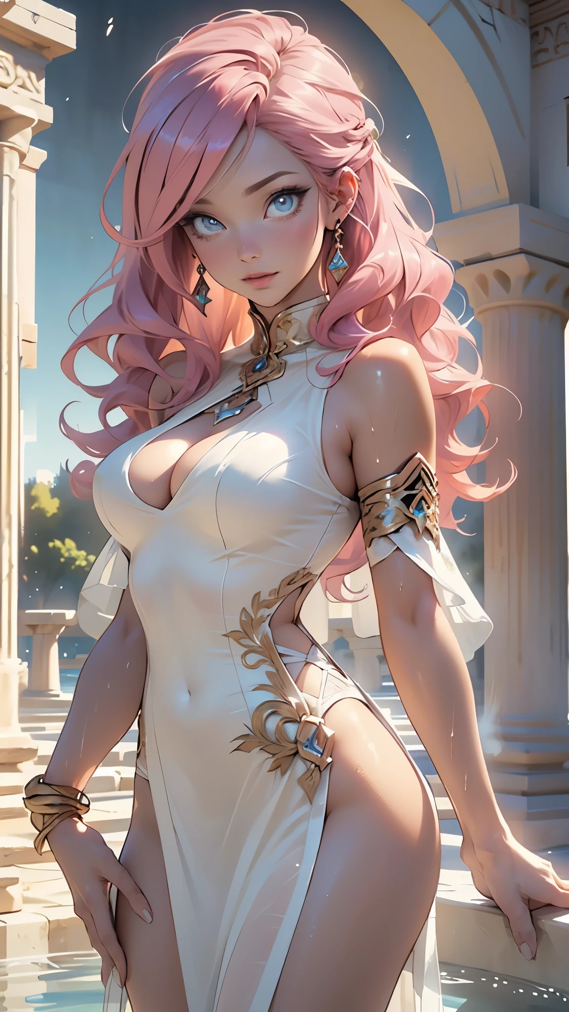Greek goddess,sexy face,supernatural beauty,((pink hair,long curly vibrant pink hair)),Her figure is extremely voluptuous,gigantic breasts,heavy breasts,fitness hip,
woman,1female,((milf,mom,mature,mature woman,4 female,adult)),
(large breasts:1.5),saggy breasts,colored inner hair,((blue_eyes:1.3)),intricate eyes,beautiful detailed eyes,symmetrical eyes,((((lustrous skin:1.5,bright skin: 1.5,skin tanned,shiny skin,very shiny skin,shiny body,illuminated skin,glossy skin,wet look skin,oily sheen,reflective skin,glistening skin)))),(spider lower abdomen,narrow waist,wide hip,bimbo body,inflated legs,thick thighs),(((detailed face))),
(cute,slutty,sensual,seductive look,seductive,((erotic)),((nsfw))),
(((Greek clothing,greek girl in greek toga,himation,greek dress,tiny loose dress,sheer dress,bare shoulders,bare neck,bare collarbone,thighs,golden greek jewelry,sleeveless,old Greek-style clothing,chiton,strapless))),queen,goddess,fantasy,revealing clothing,show skin,(white clothes),greek style,golden greek bracelets,white silk,((Transparent cloth:1.5)), ((((intricate outfit,intricate clothes)))),golden accessories,
(dynamic pose:1.0),arrogant face,arrogant smile,(centered,scale to fit dimensions,Rule of thirds,cowboy shot),
(((beautiful bath house made of greek marble and pillars, beautiful clear water in pool))),scenery:1.25,(((intricate scenery))),(((greek temple background))),scenery background,
(Glossy greek ornaments),highres,sharp focus,(ultra detailed,extremely detailed),(photorealistic artwork:1.37),(extremely detailed CG unity 8k wallpaper),(((vibrant colors,vibrant theme))),(intricate,dramatic lighting,spotlight,backlighting),(masterpiece),(best quality),artistic photography,(photography taken by sldr),(intricate background),perfect rendered face,perfect face details,realistic face,photo realistic,((intricate detail)),(((realism))),Deep Colours,dark fantasy art,