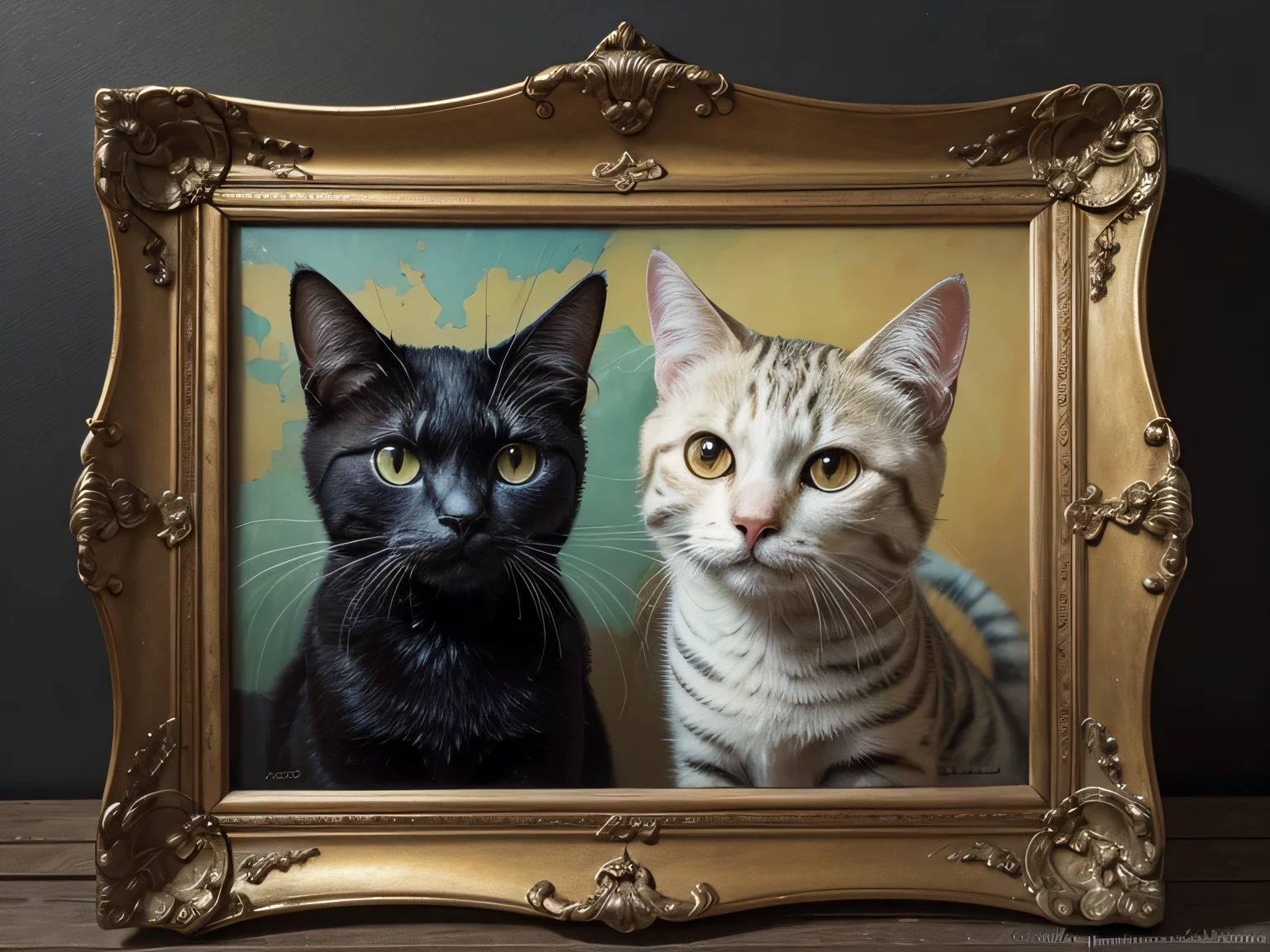 a painting with mold, colorfull, like a picture, with surrealist drawings of cats with two heads