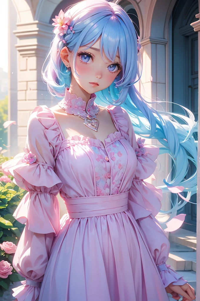 Pink and light blue dreamy hair Wave Shorthair Purple Eyes beautiful girl beautiful Pastel colored clothes Flower Hair Ornaments Fluttering Hair Fairytale castle