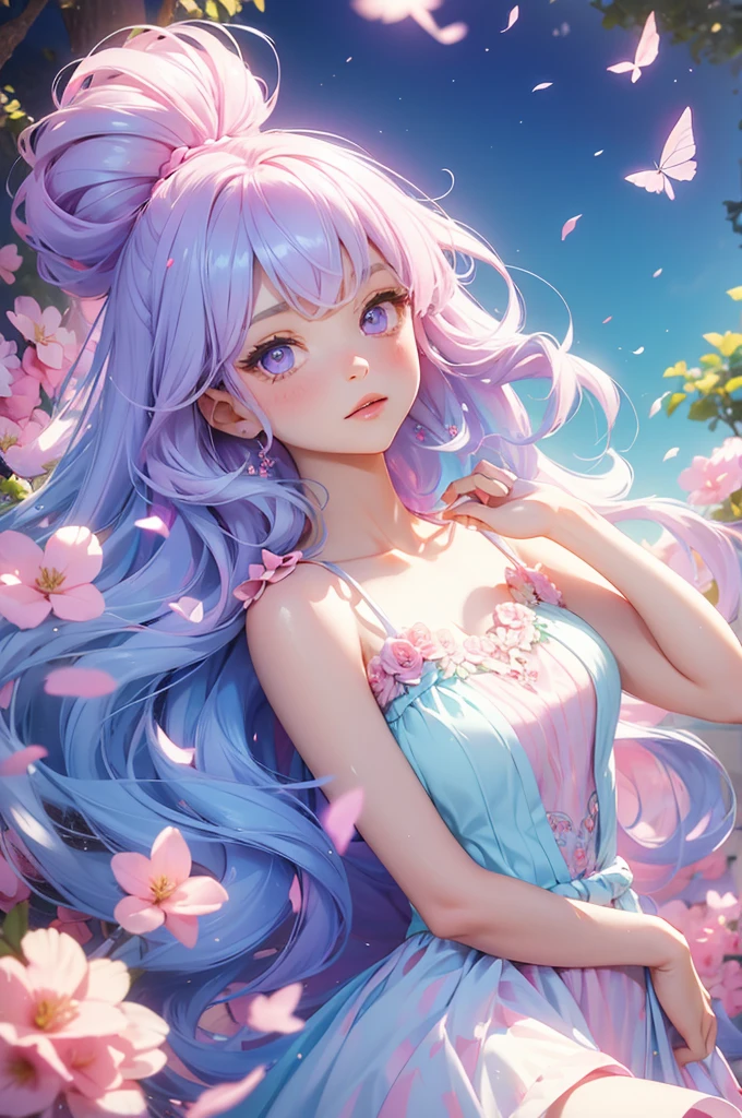 Pink and light blue dreamy hair　Wave Shorthair　Purple Eyes　beautiful girl　beautiful　Pastel colored clothes　Flower Hair Ornaments　Fluttering Hair　Fairytale castle