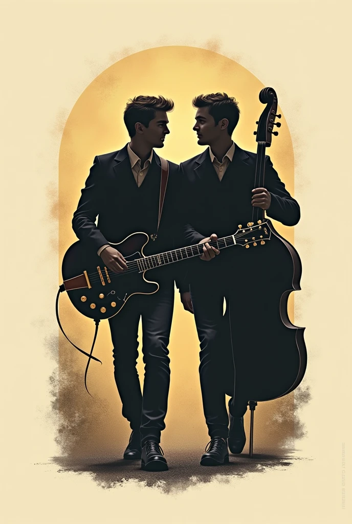 "Create a logo for a musical group that features the silhouettes of two young men walking forward from the background. One holds a guitar, and the other carries a bass. The design should combine classic, elegant elements with a contemporary twist, reminiscent of a vintage era but with modern sensibilities. The silhouettes should be stylish and refined, capturing the essence of timeless music. Incorporate subtle details that evoke the nostalgia of classic album covers, using a color palette like black, ivory, and muted gold to enhance the sense of elegance and history."