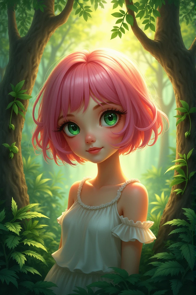 Girl with short pink hair, greeneyes, in a forest landscape