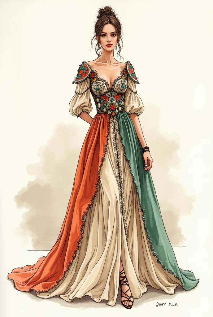 A Cultural outfit from Italy similar to some Dior clothes, model in drawing on paper, stylist with colors