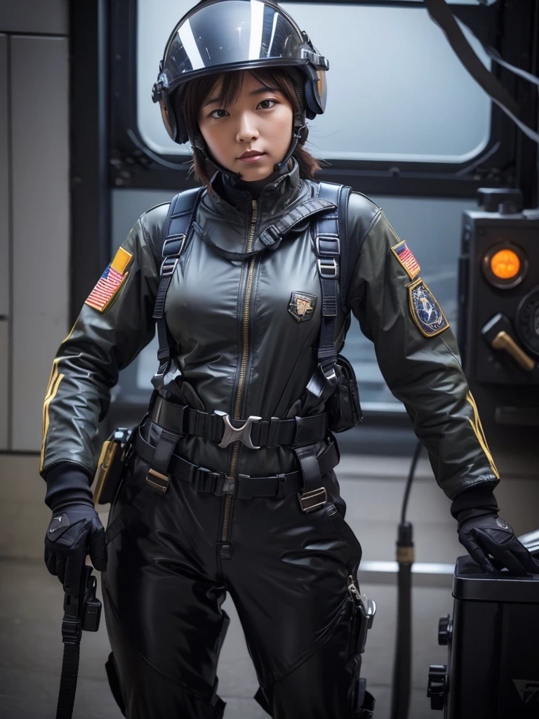 A female soldier wearing a fighter jet helmet, pilot suit and harness belt,Plump